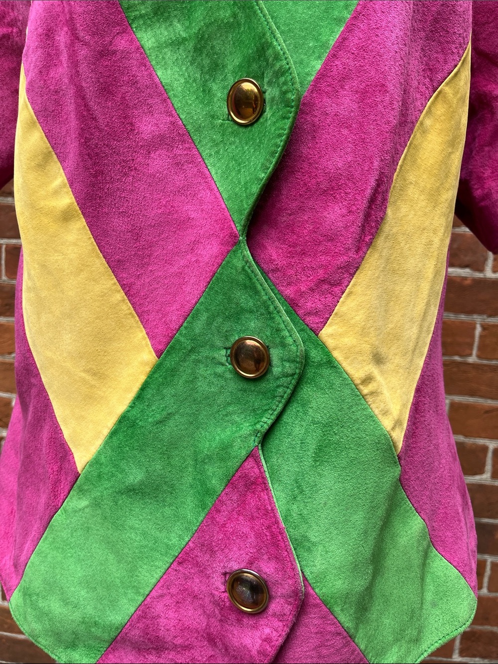 Danier Pink Green Yellow Colourblock Suede V-Neck Button Front Jacket - Picture 4 of 7
